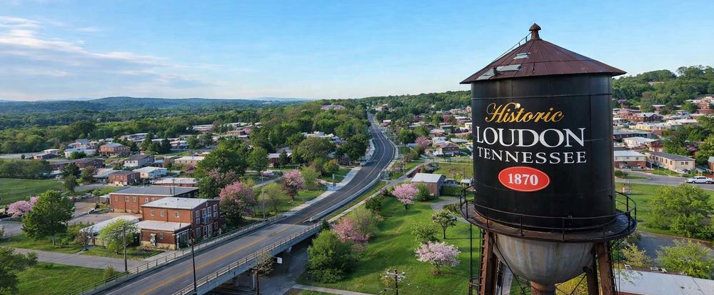 Aerial view of historic Loudon, Tennessee, featuring the iconic water tower overlooking a roadway, residential neighborhoods, and rolling green hills.