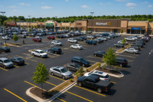 High-traffic commercial asphalt parking lot with multiple vehicles, clear pavement markings, landscaped islands, and retail storefronts during a busy summer day.